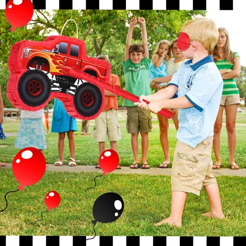 Miniatura 6 de Sratte Piñata de camión para niños, decoraciones de fiesta de cumpleaños, piñata de coche de carreras de monstruos con palo para los ojos vendados