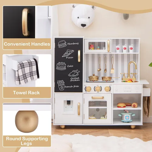 Miniatura 5 de Costzon Cocina de Juguete para Niños, Juego de Cocina de Madera con Estufas, Microondas, Pizarra, Dispensador de Agua, Accesorios de Cocina, Juego