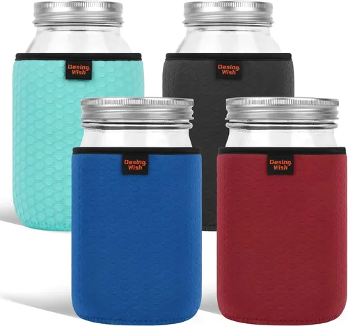 Funda de neopreno para tarro Mason de boca regular y ancha, 32 onzas, antideslizante, acogedora, aislada, fundas protectoras de 3.7 x 5.3 pulgadas,