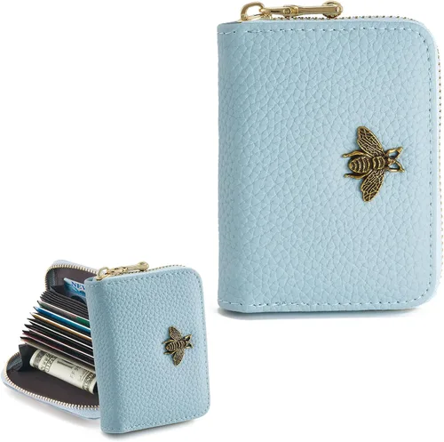 Miniatura 10 de WOZEAH Billetera pequeña para mujeres con bloqueo RFID, cartera para tarjetas de crédito, cartera de acordeón de cuero con cremallera, Negro