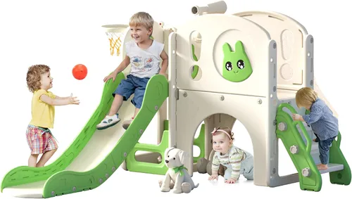 Miniatura 11 de NYEEKOY Juego de tobogán y escalador 8 en 1 para niños pequeños, parque infantil con escaleras, túnel, telescopio, almacenamiento, aro de baloncesto
