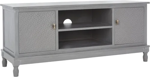SAFAVIEH Halton Soporte de TV para pantalla plana de hasta 55 pulgadas, color gris, 2 puertas con almacenamiento interior, 2 estantes abiertos,