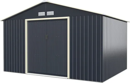 Miniatura 10 de Giantex Cobertizo de almacenamiento para exteriores con doble puerta corrediza, almacenamiento de jardín de metal galvanizado, ventilación delantera