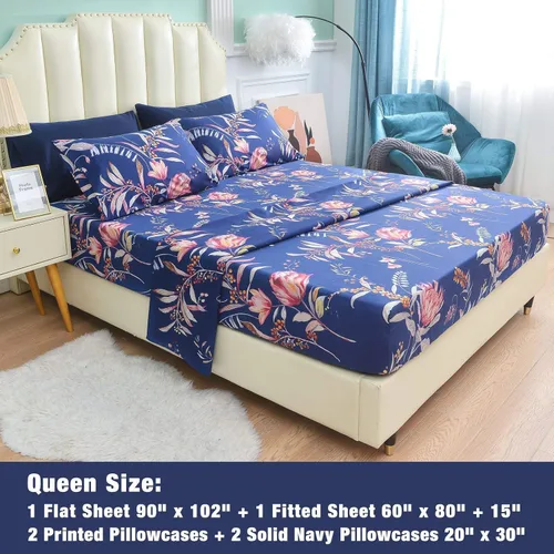 Miniatura 2 de JSD Juego de sábanas con estampado floral azul marino, 6 piezas, sábanas de microfibra suave con patrón botánico, bolsillo extra profundo