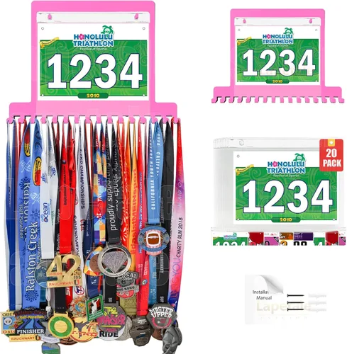 Miniatura 14 de Colgador de medallas para carreras, exhibición de medallas de maratón y colgador de medallas para corredores, exhibición de medallas con dorsal