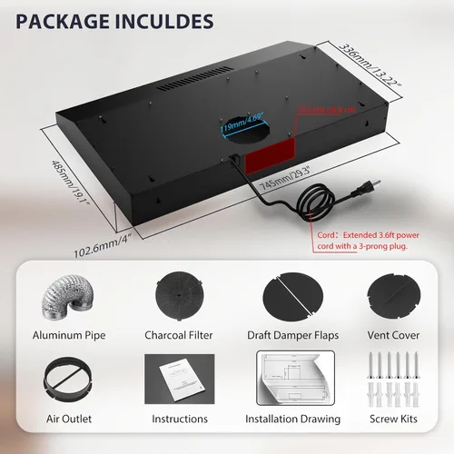 Miniatura 6 de Campana extractora de 30 pulgadas para debajo del gabinete, campana extractora de cocina convertible con conducto/sin conducto, ventilación ultra