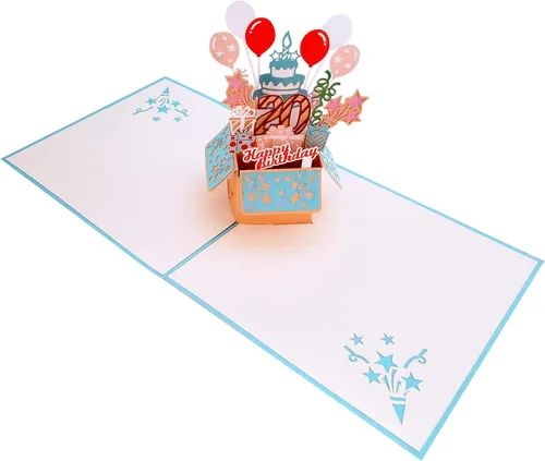 Miniatura 5 de iGifts And Cards Tarjeta desplegable 3D de 20 cumpleaños – Caja de fiesta azul de moda sorpresa con globos, regalos y vibraciones de celebración