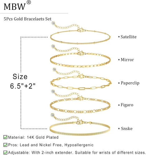 Miniatura 5 de MBW Pulseras de oro para mujer, juego de joyas chapadas en oro real de 14 quilates para mujer, a la moda, impermeables, apilables, delgadas