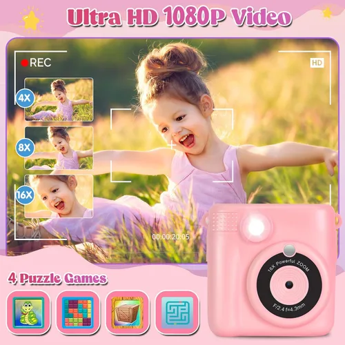 Miniatura 5 de Cámara de impresión instantánea para niños, cámara de 2.4 pulgadas para niños, impresión instantánea con papel y tarjeta de 32G, juguetes digitales