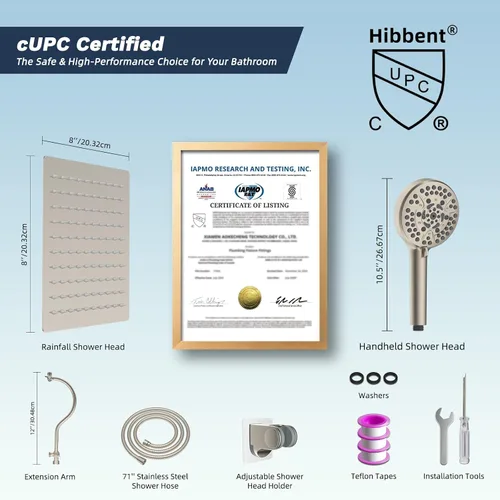 Miniatura 8 de Hibbent Cabezal de Ducha de Todo Metal Certificado CUPC, Cabezal de Ducha de Lluvia de Alta Presión de 8'', Combo de Cabezal de Ducha de Mano, Brazo