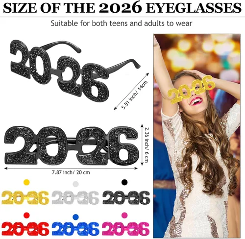 Miniatura 2 de Kanayu 6 pares de anteojos de Nochevieja con purpurina 2026, número 2026, lentes de sol para suministros de fiesta (colores coloridos)