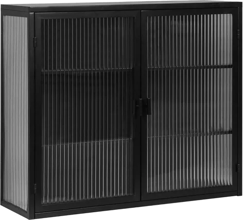 Miniatura 6 de Armario de pared de doble puerta de vidrio brumoso estilo retro con estantes desmontables para oficina, comedor, sala de estar, cocina y baño negro