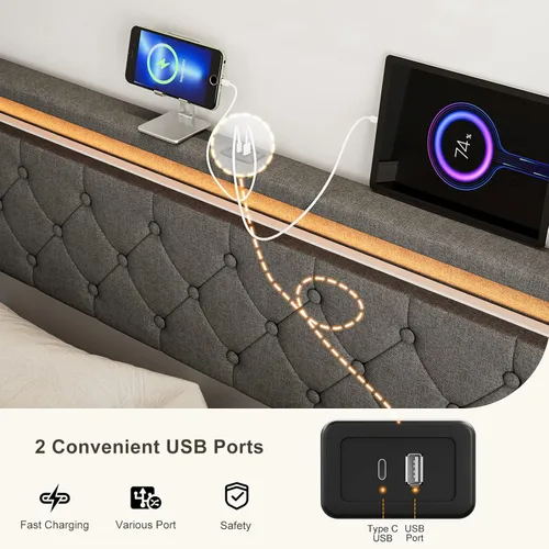 Miniatura 5 de IKIFLY Cabecera tapizada tamaño Queen con luces LED, puerto USB y tipo C, altura ajustable de 39.4 a 43.3 pulgadas, altura ajustable, solo tablero