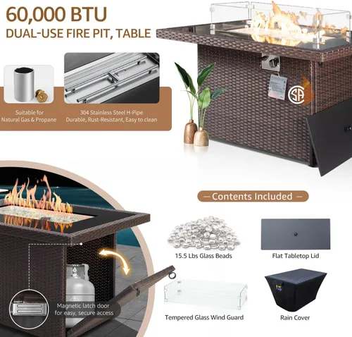 Miniatura 4 de NICESOUL Mesa de Hoguera de Mimbre para Exteriores de Gas Natural/Propano, Mesa de Hoguera Rectangular de 43'' para Exteriores, Mesas de Chimenea