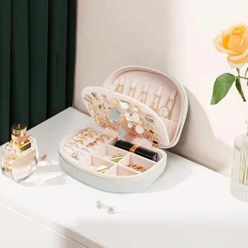Miniatura 7 de ProCase Joyero de tamaño de viaje, pequeño estuche de joyería portátil en forma de concha, mini organizador de joyas de 2 capas en piel sintética