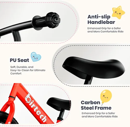 Miniatura 4 de Bicicleta de equilibrio Birtech para niños de 2 a 5 años, bicicleta de 12 pulgadas para niños pequeños, bicicleta de entrenamiento sin pedal, Rojo