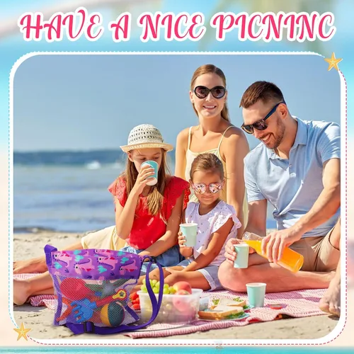 Miniatura 7 de Saintrygo 30 bolsas de playa de malla para niños, juguetes de arena, bolsas de conchas a granel coloridas con correa ajustable (estilo lindo)