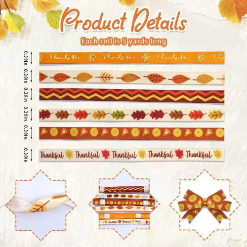 Miniatura 2 de Estivaux 6 cintas de otoño de Acción de Gracias, 3/8 pulgadas de ancho, calabaza, naranja, satinado, palabras metálicas, hojas de arce, cintas