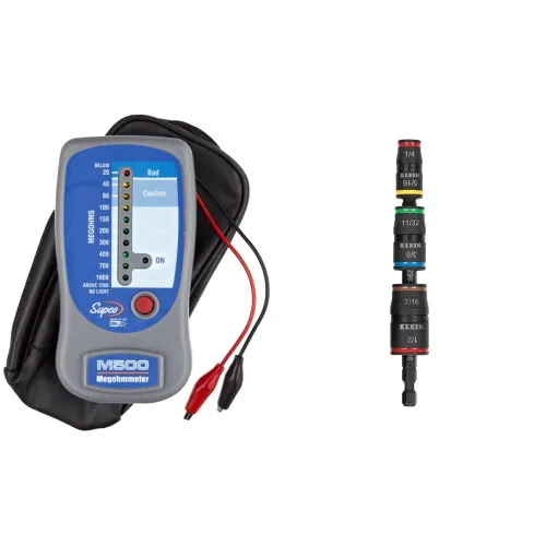 Supco Probador de aislamiento M500/megohmímetro electrónico con funda de transporte suave y controlador de impacto, juego de enchufes de impacto 7