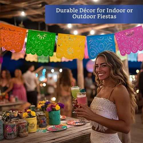 Miniatura 7 de Pancartas de fiesta mexicana (paquete de 2 con 10 banderas de plástico por bandera), papel picado mexicano para fiesta, papel picado de plástico