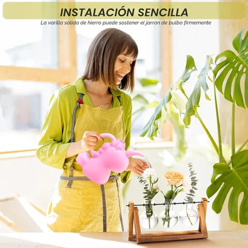 Miniatura 3 de XXXFLOWER Terrario para plantas con soporte de madera, maceta de aire, jarrón de vidrio, soporte giratorio de metal, mesa retro para decoración