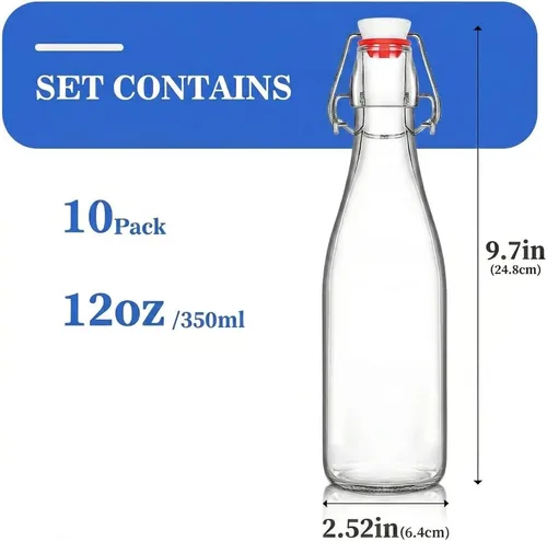 Miniatura 2 de Botella de vidrio transparente con tapa abatible para tapas herméticas, paquete de 10 botellas de cerveza de 12 onzas con tapas abatibles, kombucha