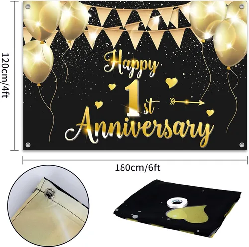 Miniatura 2 de HAMIGAR Fondo de pancarta de feliz primer aniversario de 6 x 4 pies, 1 decoración de aniversario de boda, suministros para fiesta, color negro