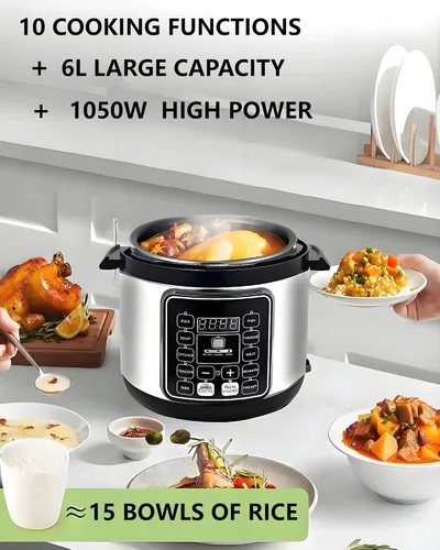Miniatura 8 de Olla a presión eléctrica, 6 litros, olla de estofado lenta con función de reserva de 24 horas, arrocera 10 en 1, wok, pastel, yogur, etc., acero