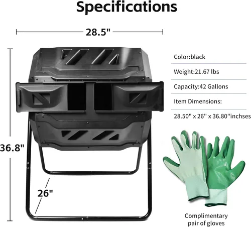 Miniatura 2 de MaxWorks Vaso de compostaje de doble cámara, compostador giratorio para exteriores con ventilación de aireación, tambor de polipropileno resistente