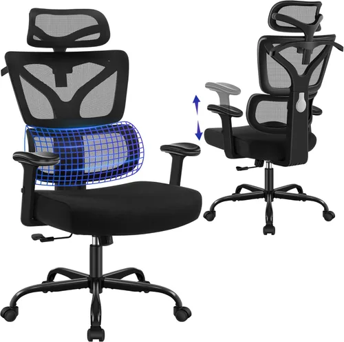 Silla de oficina ergonómica, silla de computadora de malla con respaldo alto con cómodo soporte lumbar adaptativo, colgador de abrigo integrado,