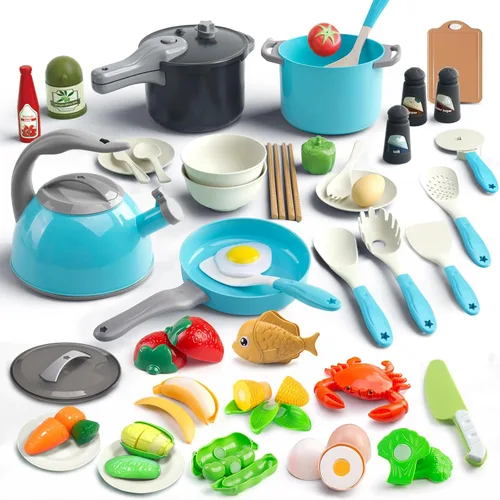 Bruvoalon Juego de juguetes de cocina para niños de 67 piezas, juego de cocina para niños pequeños con ollas, sartenes, utensilios de cocina,