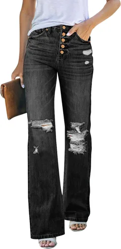 LookbookStore - Jeans rasgados de cintura alta para mujer, pantalones de pierna ancha acampanados y desgastados