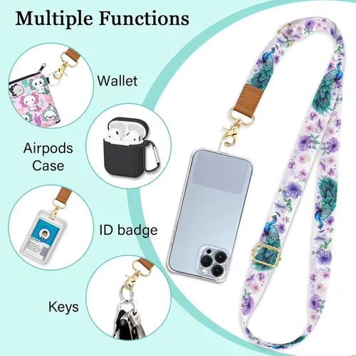Miniatura 3 de Piefly Correa de muñeca cruzada para teléfono, cordón floral de pavo real para teléfono celular alrededor del cuello, correa de flores ajustable