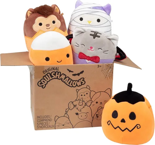 Squishmallows Jazwares - Paquete de 5 piezas originales de 5 pulgadas, mini peluche oficial de Jazwares, calabaza, vampiro, momia y más, juguete de