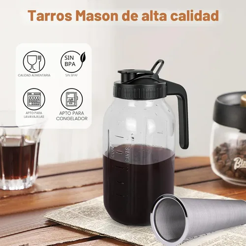 Miniatura 3 de Máquina de café de infusión fría, jarra de albañil de 64 onzas con filtro de acero inoxidable, tapa con pico para servir, de vidrio resistente