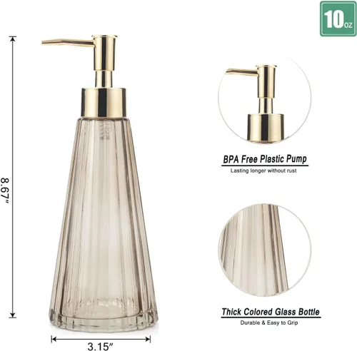 Miniatura 2 de IVAILEX Dispensador de jabón de manos de 10 oz/10.1 fl oz para baño, dispensador de jabón de cocina, dispensador de jabón de vidrio con bomba dorada