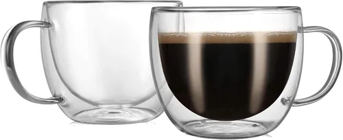 CNGLASS Tazas de cristal de doble pared de 8.1 onzas, taza de café de vidrio aislado transparente con asa para expreso, café con leche, té, juego de