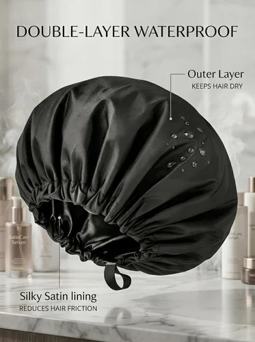 Miniatura 5 de Aquior Gorro de ducha para mujer, extra ajustable, doble capa, impermeable, reutilizable, gorra de pelo de tamaño grande para todo el cabello