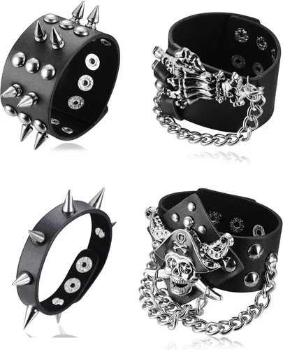 Tornito 4 – 6 pulseras de cuero con tachuelas de remache y cráneo demonio, negro, punk, rock, gótico, motociclista, correa ancha, de cuero,