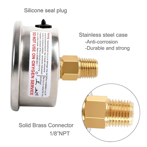 Miniatura 7 de Manómetro lleno de glicerina con caja de acero inoxidable 304, esfera negra de 1-1/2 pulgadas, 0-60 Psi, alta precisión, montaje trasero central NPT