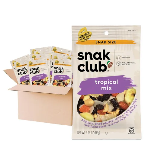 Miniatura 8 de Snak Club Tropical Trail Mix con cacahuetes, papaya seca, pasas, chips de plátano, piña seca, chips de coco y almendras, aperitivo sin gluten