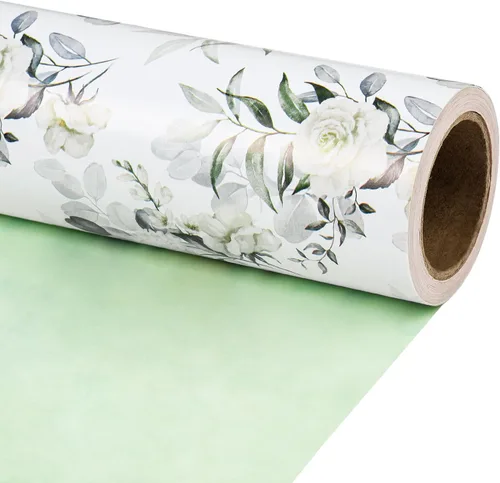 Miniatura 14 de RUSPEPA Papel de regalo reversible floral para niñas y mujeres, mini rollo, acuarela azul floral y azul sólido papel de regalo para cumpleaños, Rosa