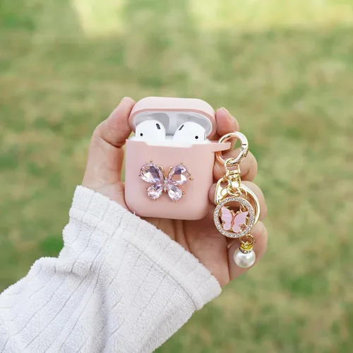 Miniatura 4 de Wonhibo Funda para Airpods para mujeres y niñas, bonita funda de mariposa para Airpod 1 y 2 con llavero (rosa)