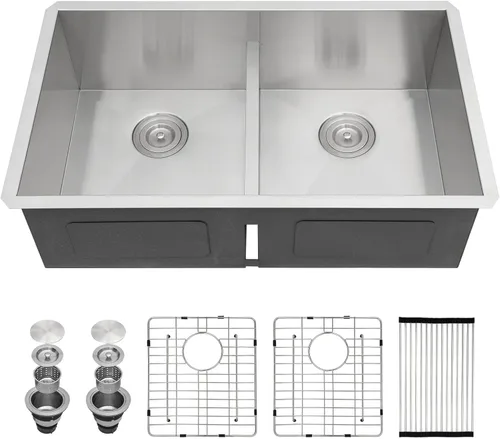 Miniatura 30 de Sarlai 28 Fregadero de cocina bajo encimera de doble tazón - Fregadero bajo encimera de acero inoxidable de 28x19 pulgadas de calibre 16, con repisa