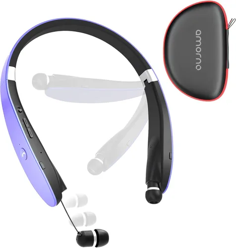 Miniatura 8 de Amorno Auriculares plegables Bluetooth con banda para el cuello inalámbrica con auriculares retráctiles, auriculares deportivos a prueba de sudor