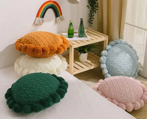 Miniatura 4 de vctops Lindos pompones de punto almohadas con inserto geométrico, cojín redondo suave para sofá cama (azul, diámetro de 20 pulgadas)