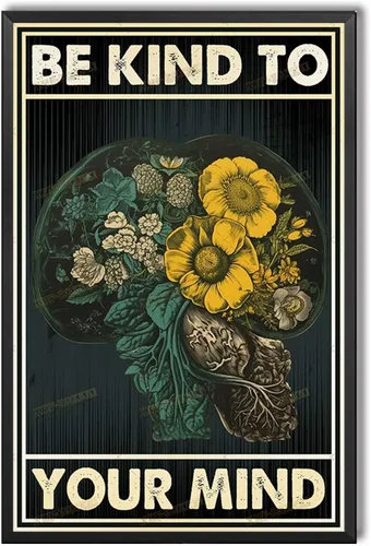 Miniatura 9 de TSEZLOJH Lienzo decorativo para pared, diseño de flores con texto en inglés «Be Kind to Your Mind», diseño retro para tus familiares y amigos, marco