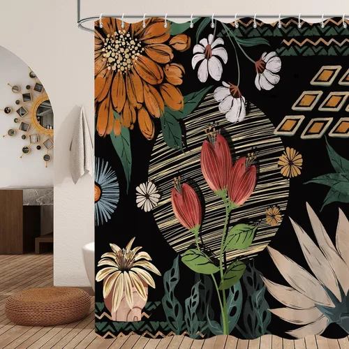 Miniatura 11 de Cortina de ducha bohemia y chic, cortina de baño moderna con hojas tropicales abstractas y ramas botánicas doradas, para decoración del hogar, tela