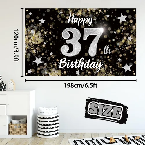 Miniatura 2 de Decoración de feliz cumpleaños 37, cartel grande de fondo de cumpleaños de 37 años con estrella de ensueño negro y plateado – Decoración de fiesta