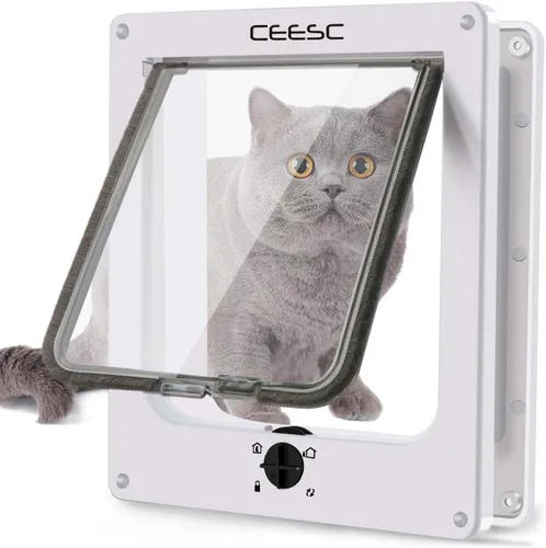 Miniatura 11 de CEESC - Puerta grande para gatos para puerta interior/exterior, resistente a la intemperie, negra, puerta para mascotas con bloqueo giratorio de 4